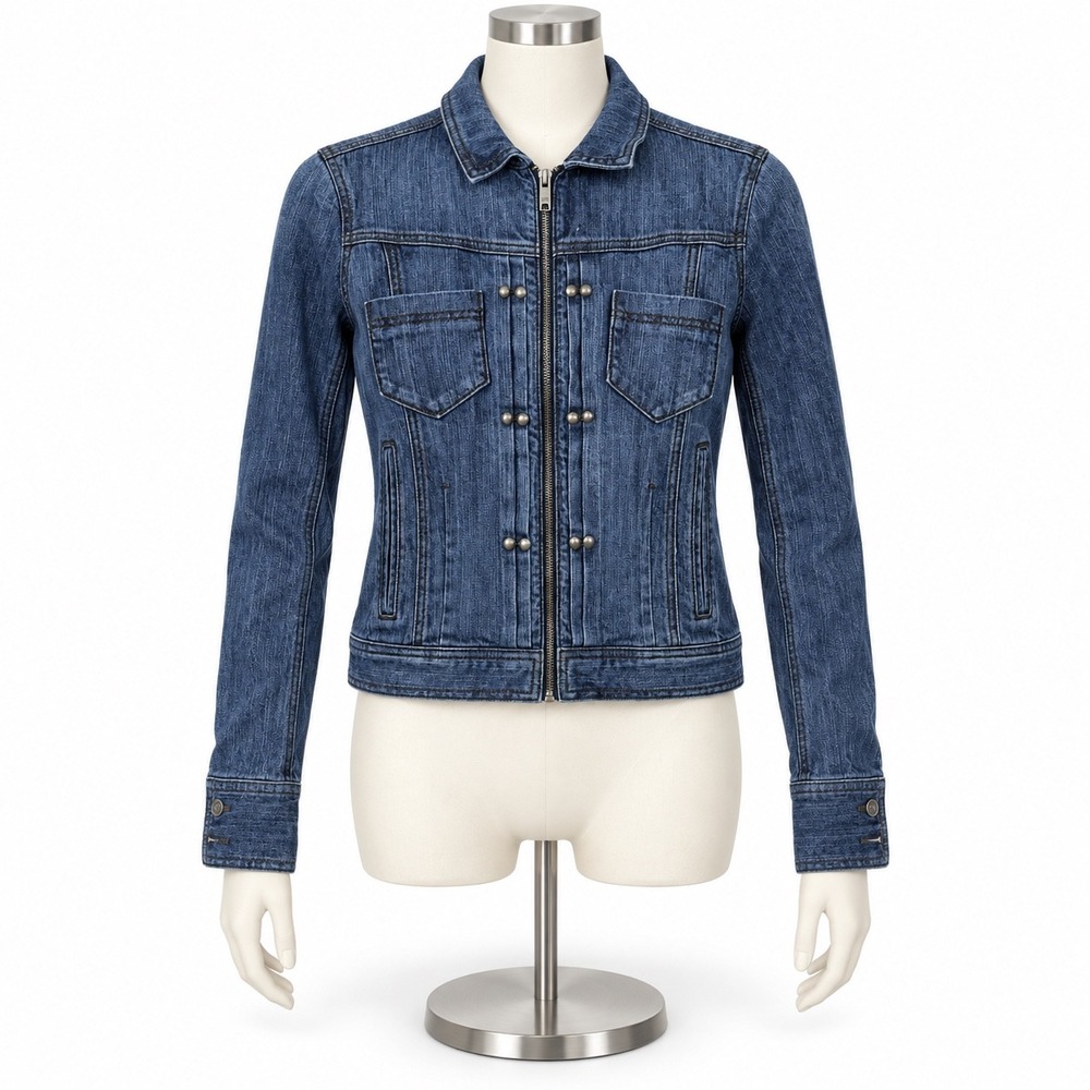 DKNY Jeans Womens Medium Wash Zip Front Studded Denim Jacket Size M